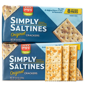 Paskesz Simply Saltines Original crackers in package, a light, crispy snack ready to dip.