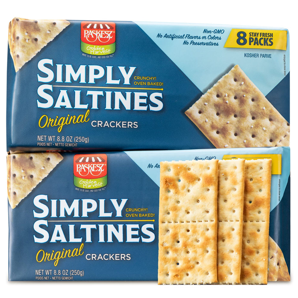 Paskesz Simply Saltines Original crackers in package, a light, crispy snack ready to dip.