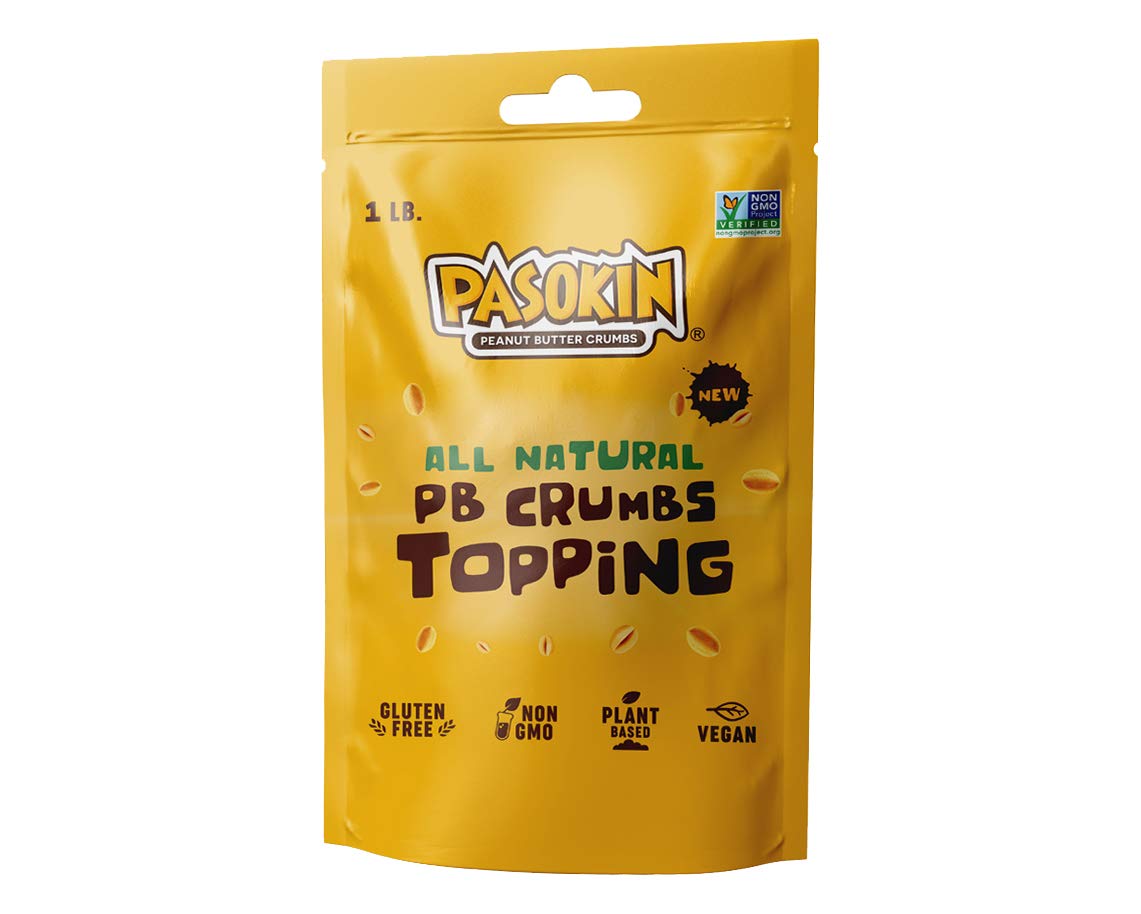 Pasokin Peanut Butter Crumbs jar close-up, highlighting crunchy topping for desserts.
