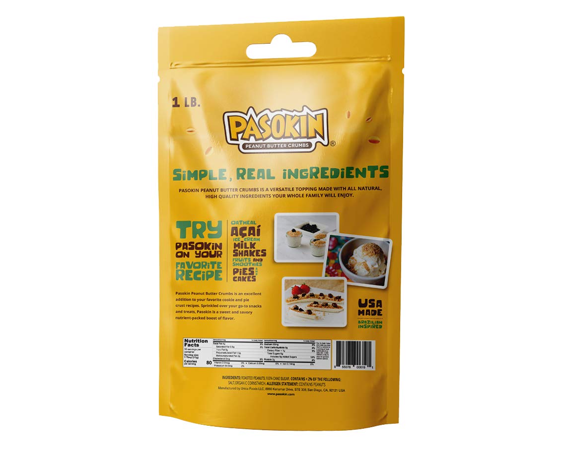 Pasokin Peanut Butter Crumbs label close-up, highlighting kosher, gluten-free status.