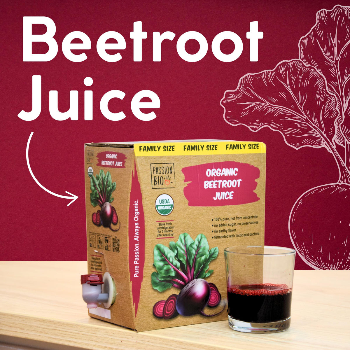 PassionBio beetroot juice bag-in-box tap detail emphasizes easy pour and post-opening freshness.