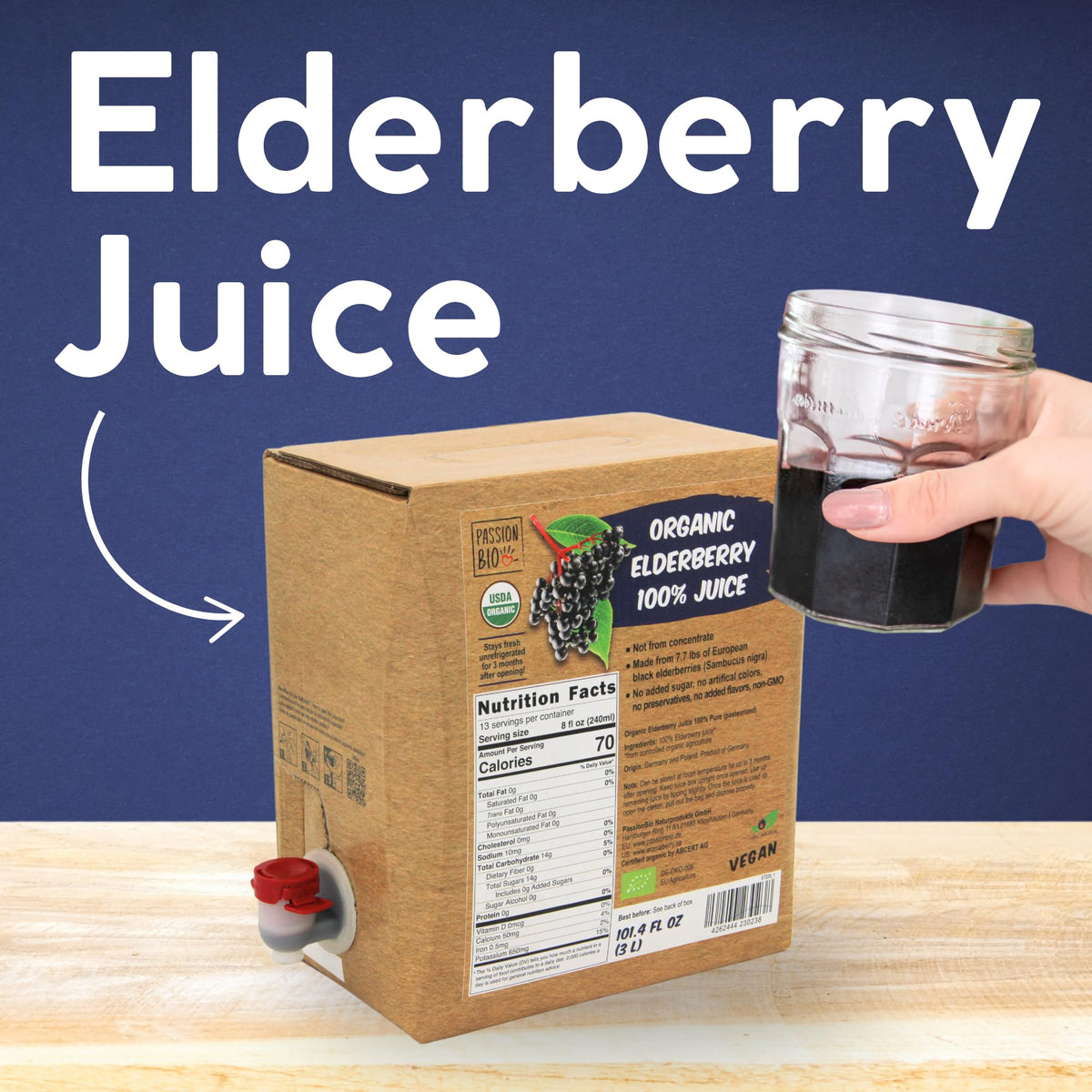 PassionBio Organic Elderberry Juice bag-in-box preserves freshness after opening.
