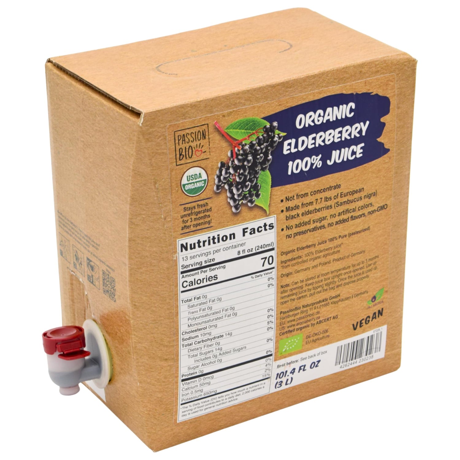 PassionBio Organic Elderberry Juice Box with easy pour for mess-free serving.