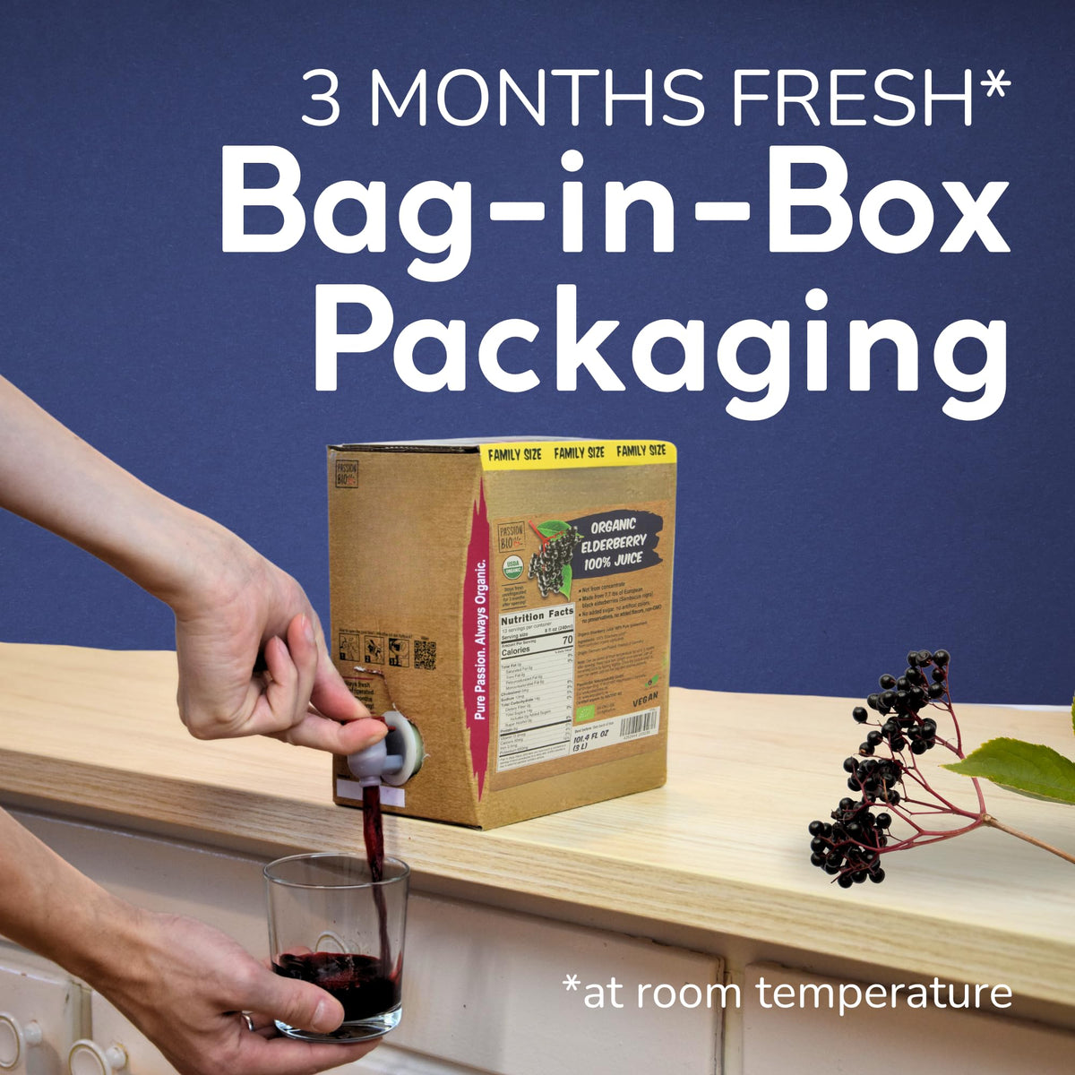 PassionBio Organic Elderberry Juice label highlights organic and vegan ingredients.