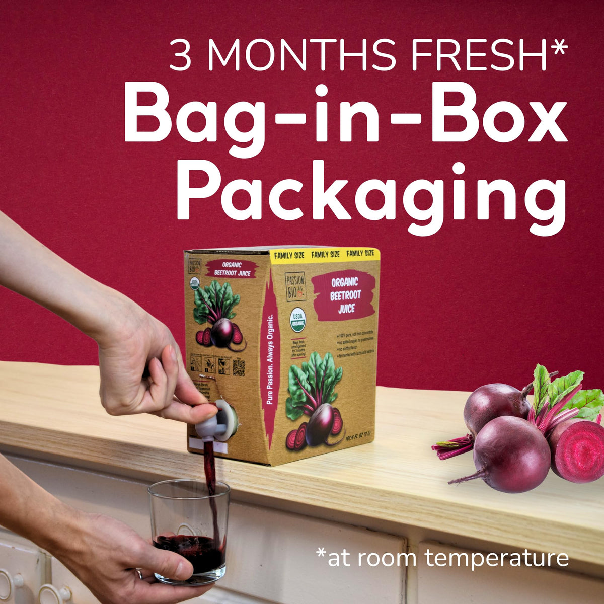 PassionBio inner bag for beetroot juice illustrates airtight protection after opening.
