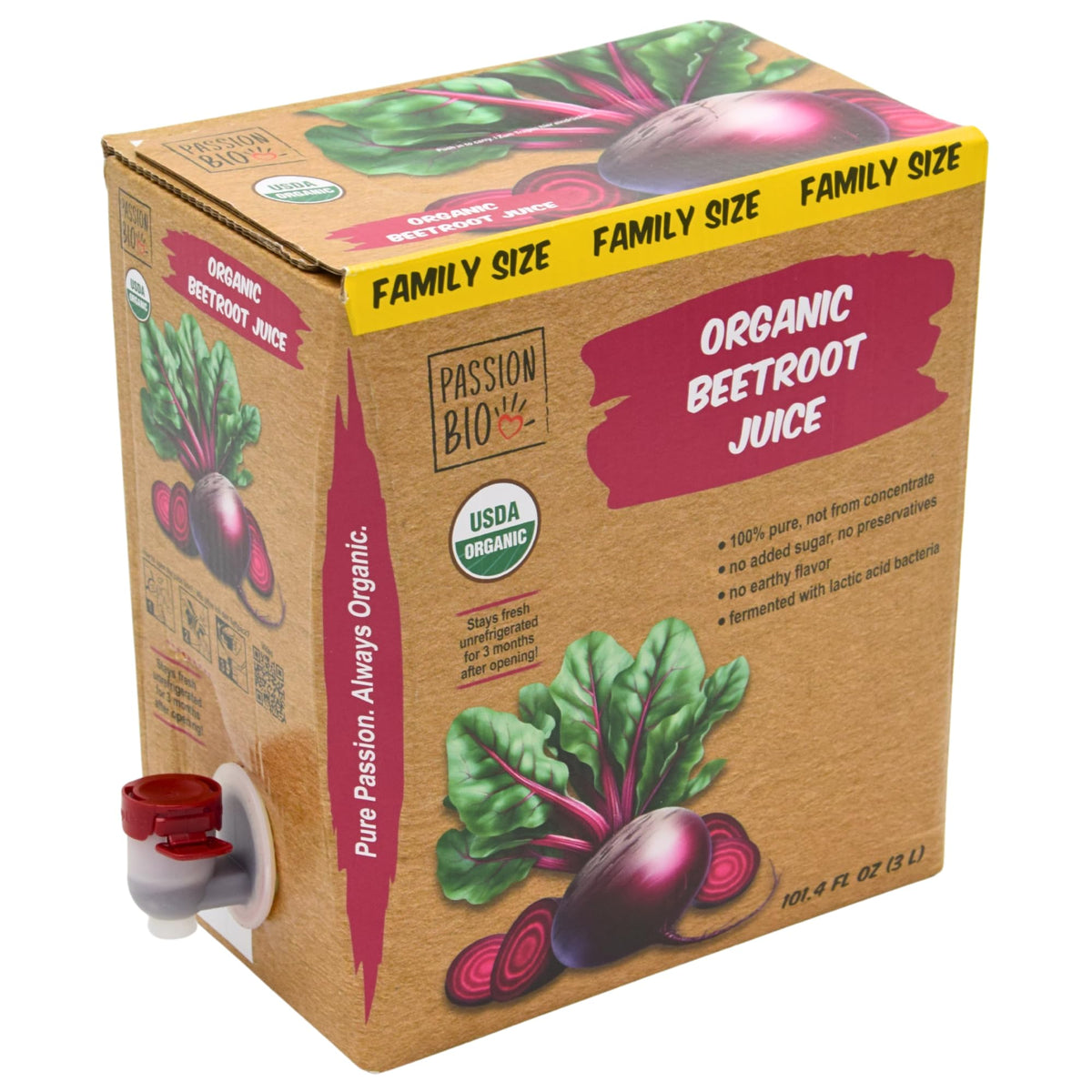 PassionBio organic beetroot juice box front showing convenient 3L packaging for family use.