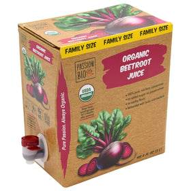 PassionBio organic beetroot juice box front showing convenient 3L packaging for family use.