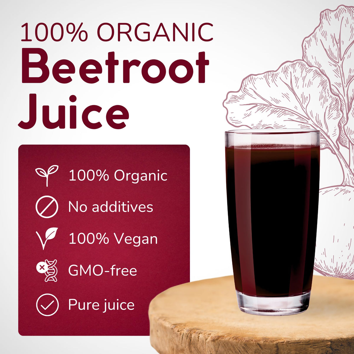 PassionBio beetroot juice label close-up confirms organic vegan ingredients.