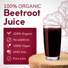 PassionBio beetroot juice label close-up confirms organic vegan ingredients.