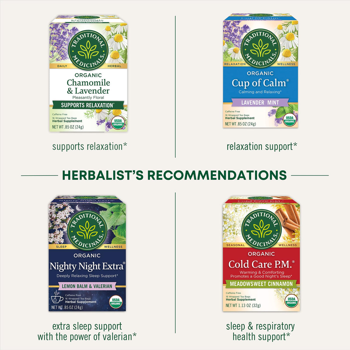 Traditional Medicinals Night Night Tea blend of passionflower and chamomile for balance