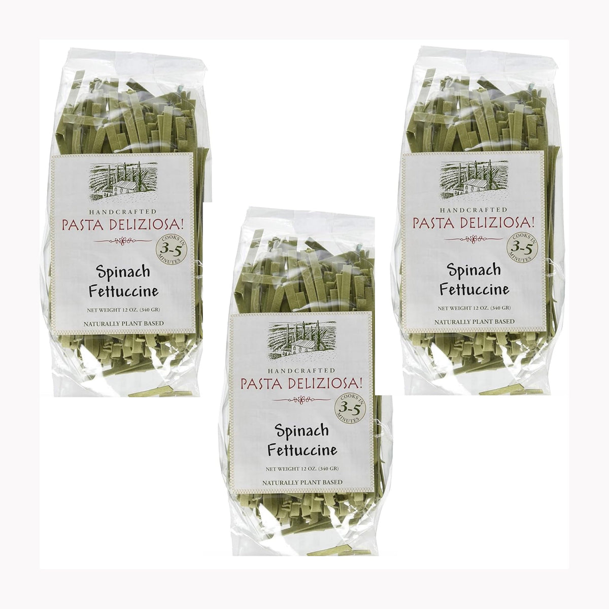 Pasta Deliziosa Spinach Fettuccine 3-pack, ideal for quick weeknight meals.