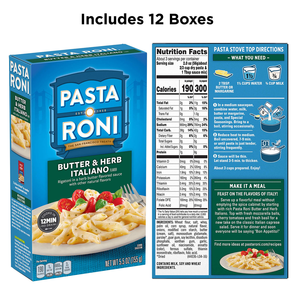 Pasta Roni Butter & Herb Italiano Rigatoni Mix box back with nutritional and tip highlights