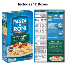 Pasta Roni Butter & Herb Italiano Rigatoni Mix box back with nutritional and tip highlights