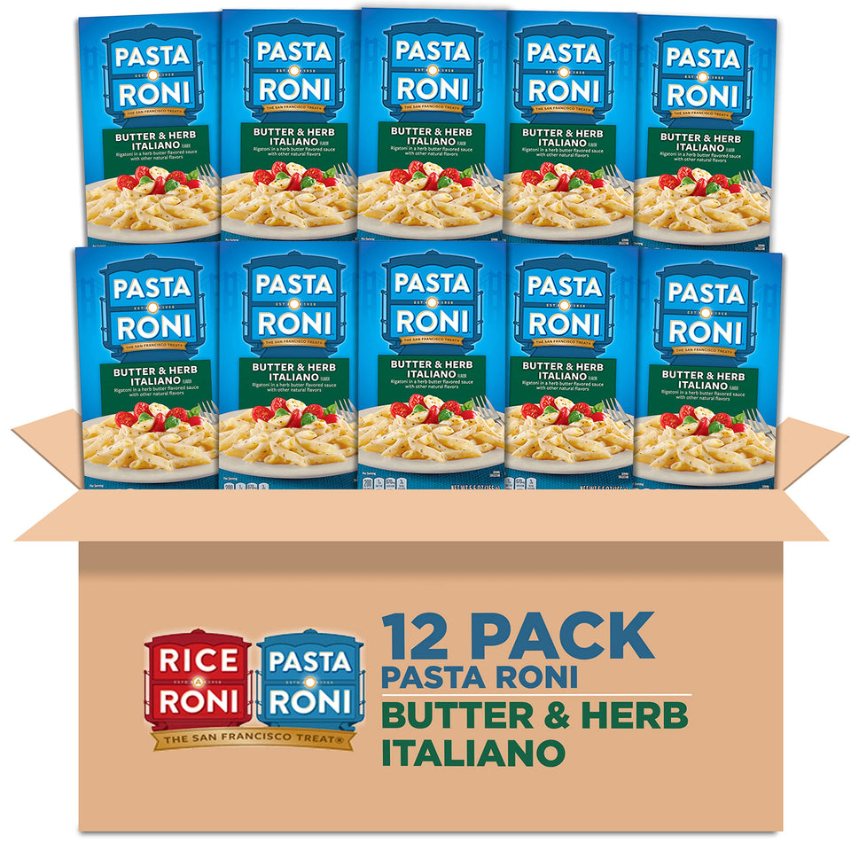 Pasta Roni Butter & Herb Italiano Rigatoni Mix box front, family-friendly weeknight visual