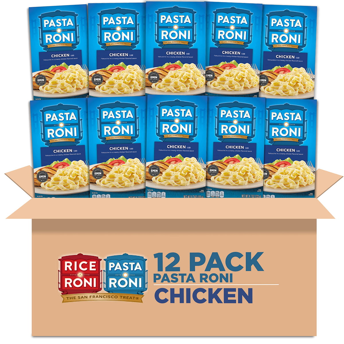 Pasta Roni Garlic Alfredo Fettuccine box showcasing creamy sauce for quick weeknight meals.