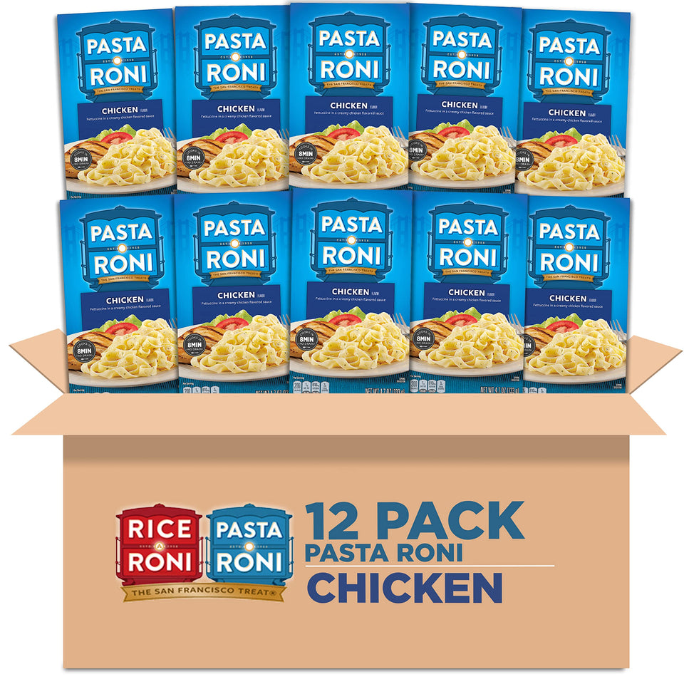 Pasta Roni Garlic Alfredo Fettuccine box showcasing creamy sauce for quick weeknight meals.