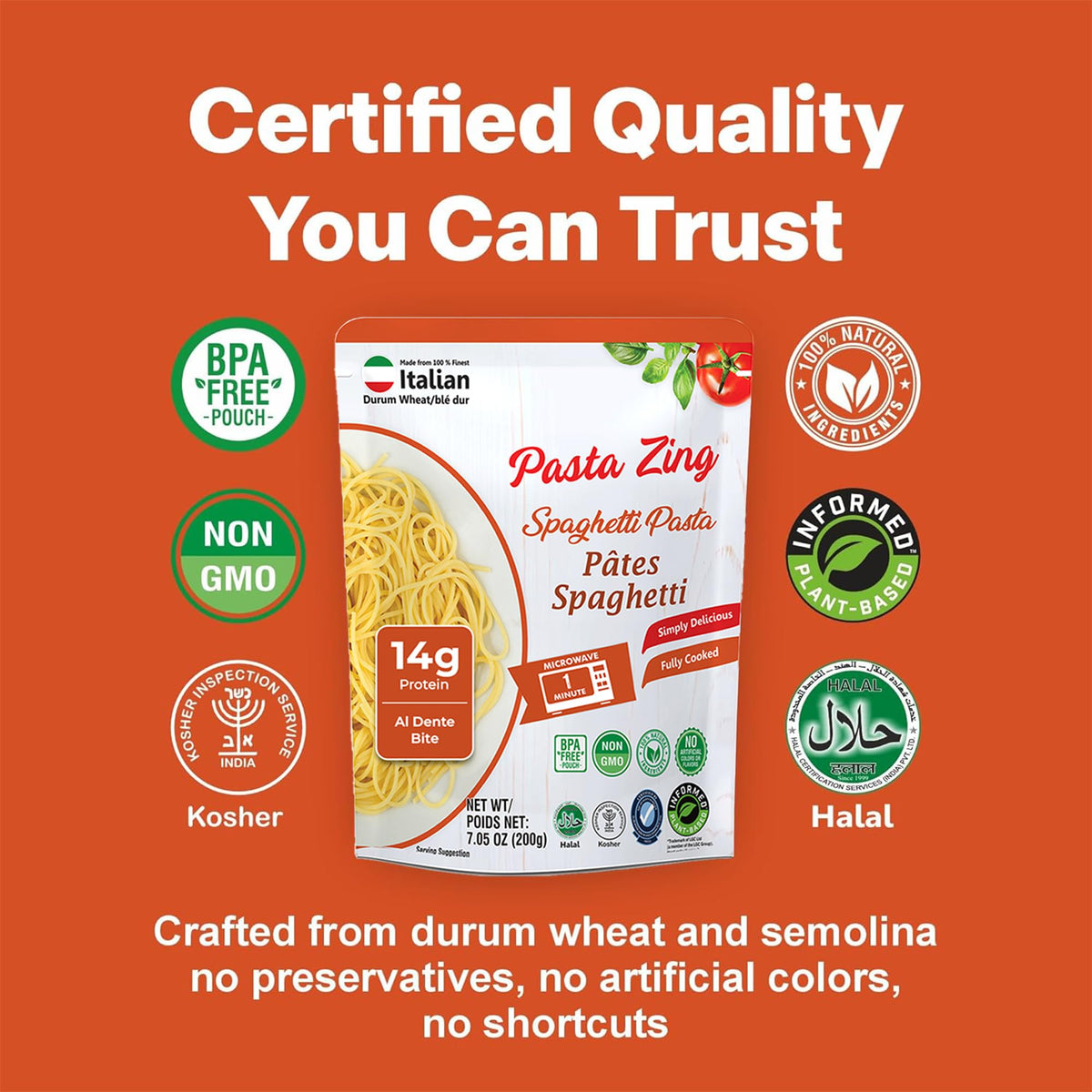 Pasta Zing BPA-free pouch communicates safe packaging and shelf-stability.