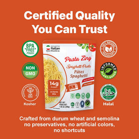 Pasta Zing BPA-free pouch communicates safe packaging and shelf-stability.
