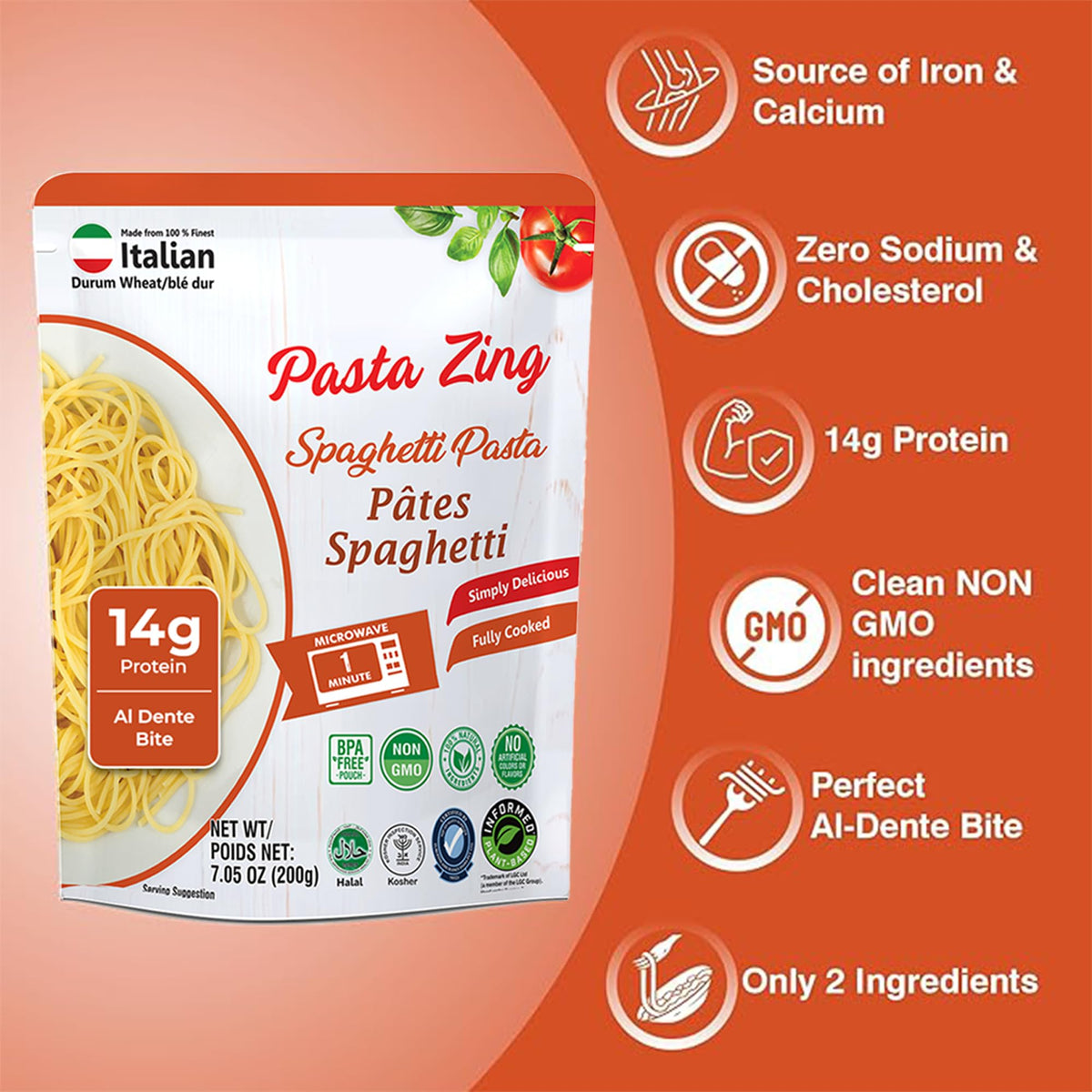 Pasta Zing durum-wheat spaghetti emphasizes authentic texture and al dente bite.