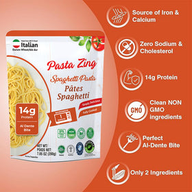 Pasta Zing durum-wheat spaghetti emphasizes authentic texture and al dente bite.