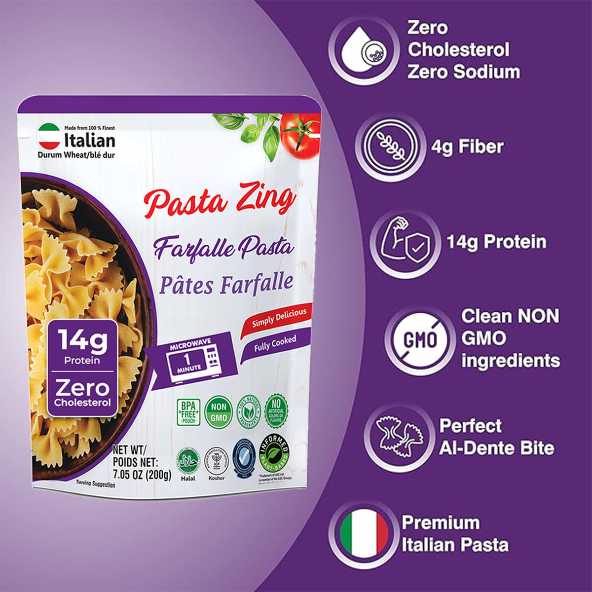 Pasta Zing Farfalle nutrition panel emphasizes 14g protein.