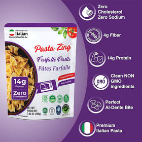 Pasta Zing Farfalle nutrition panel emphasizes 14g protein.