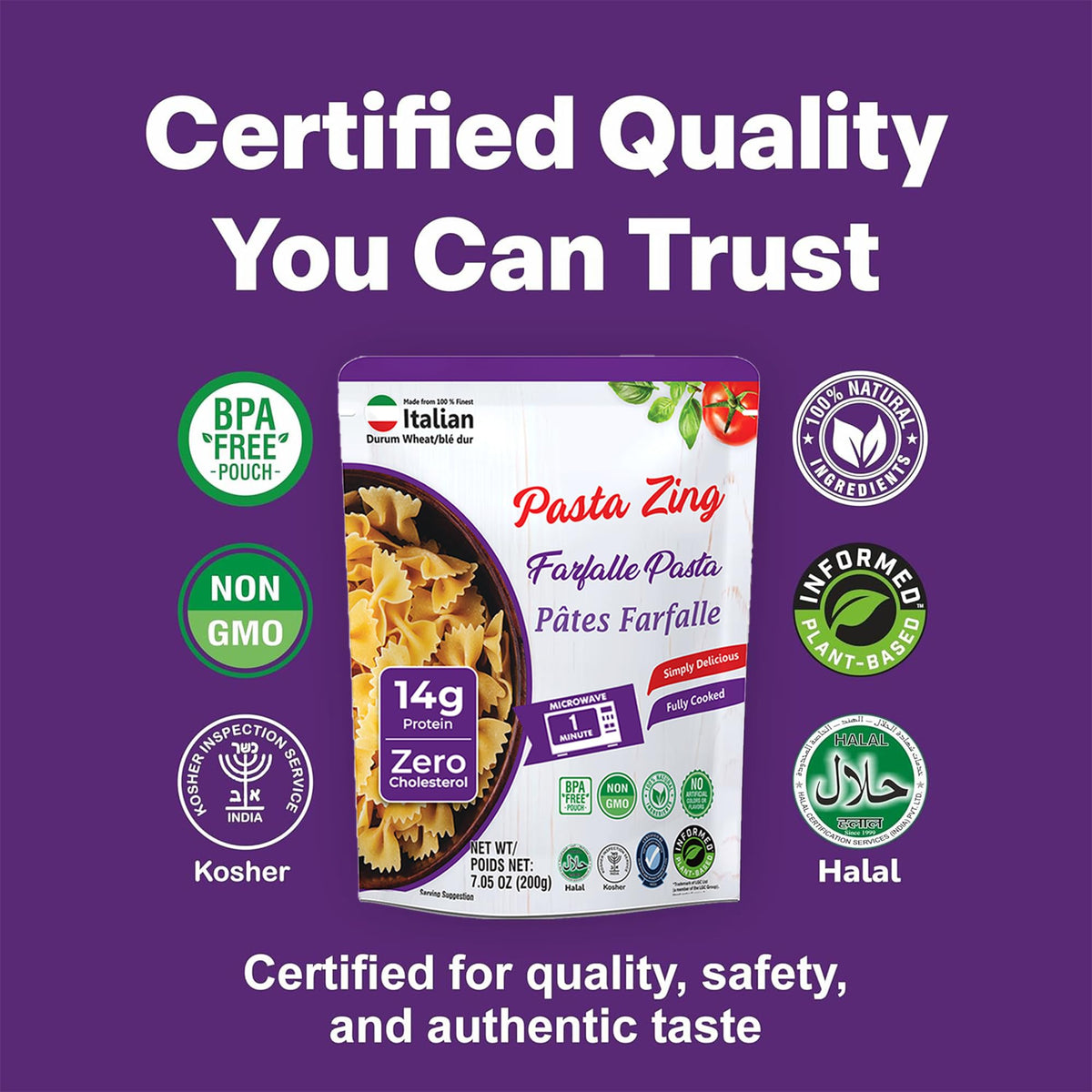 Pasta Zing Farfalle non-GMO, no preservatives showcased.