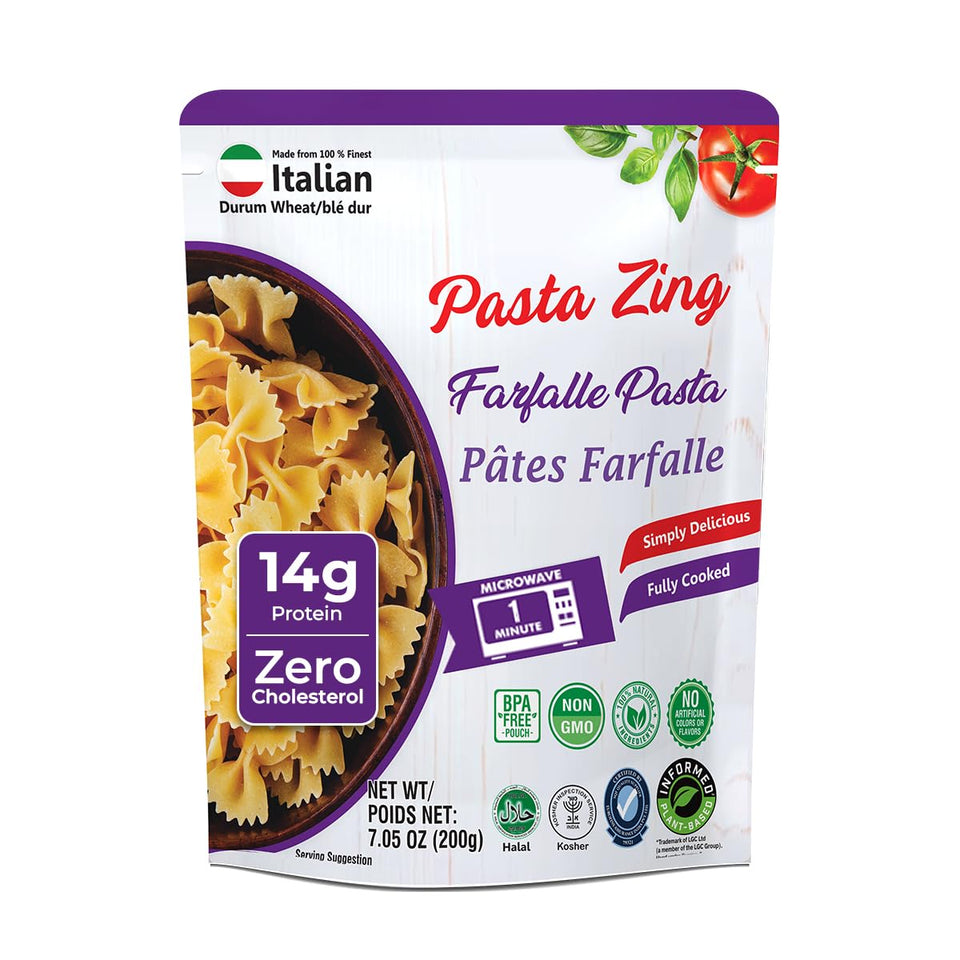 Pasta Zing Farfalle pouch packaging for quick pantry meals.