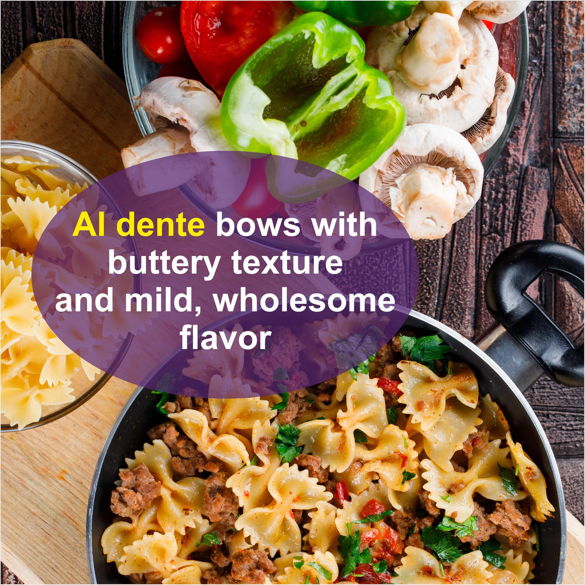 Pasta Zing Farfalle with tomato basil sauce demonstrates versatility.