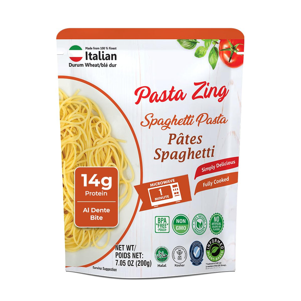 Pasta Zing package front shows ready-to-eat spaghetti solution for quick meals.
