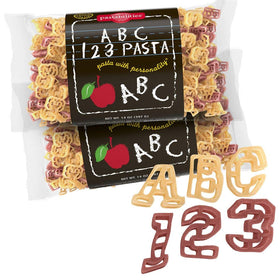 Pastabilities ABC 123 pasta letters and numbers on plate for kids' meal