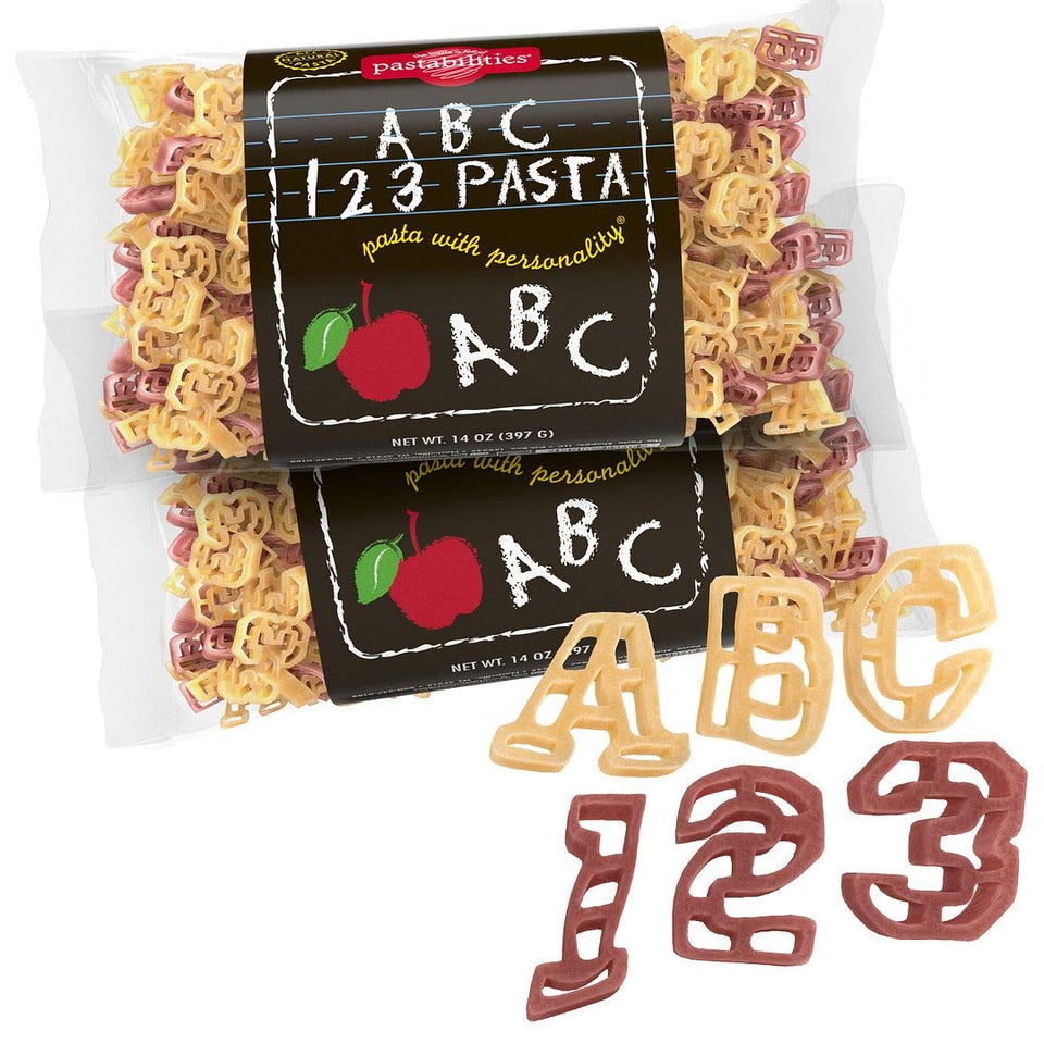 Pastabilities ABC 123 pasta letters and numbers on plate for kids' meal