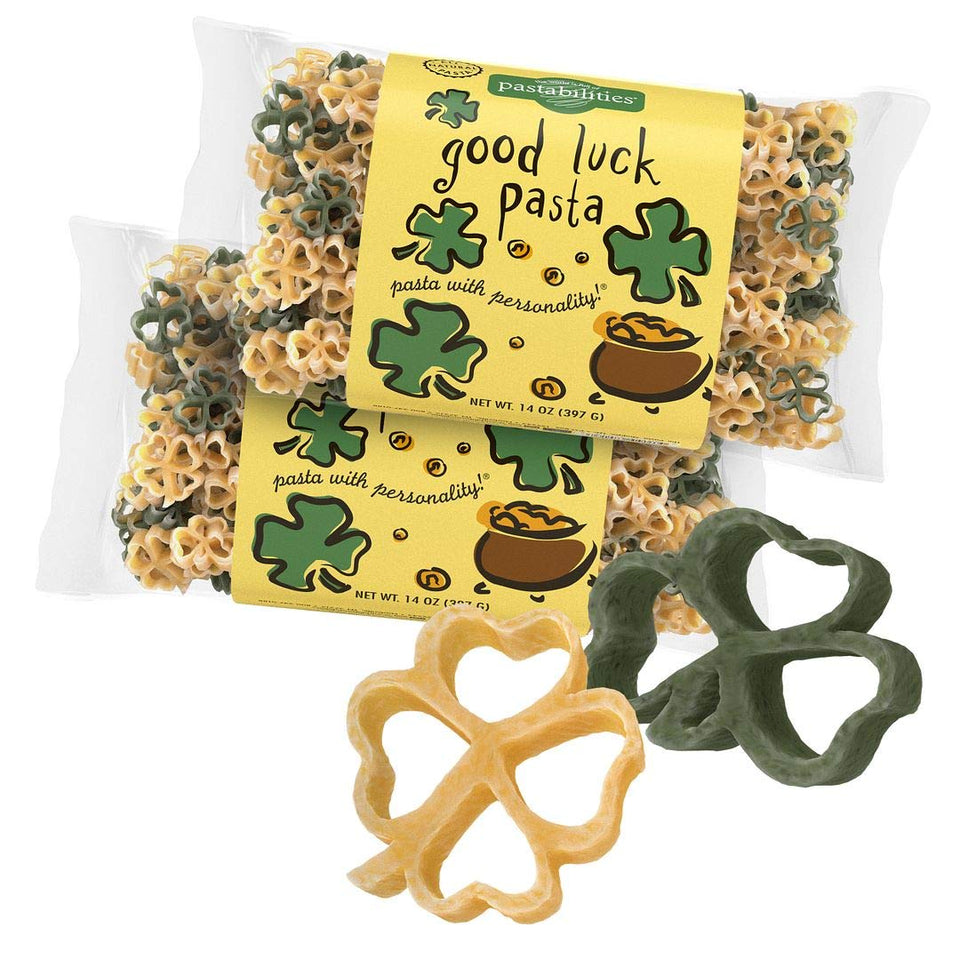 Pastabilities Good Luck Shamrock Pasta Pack shows kid-friendly shapes for festive meals.