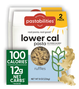 Pastabilities Low Calorie Pasta packaging highlights a healthier dinner option.