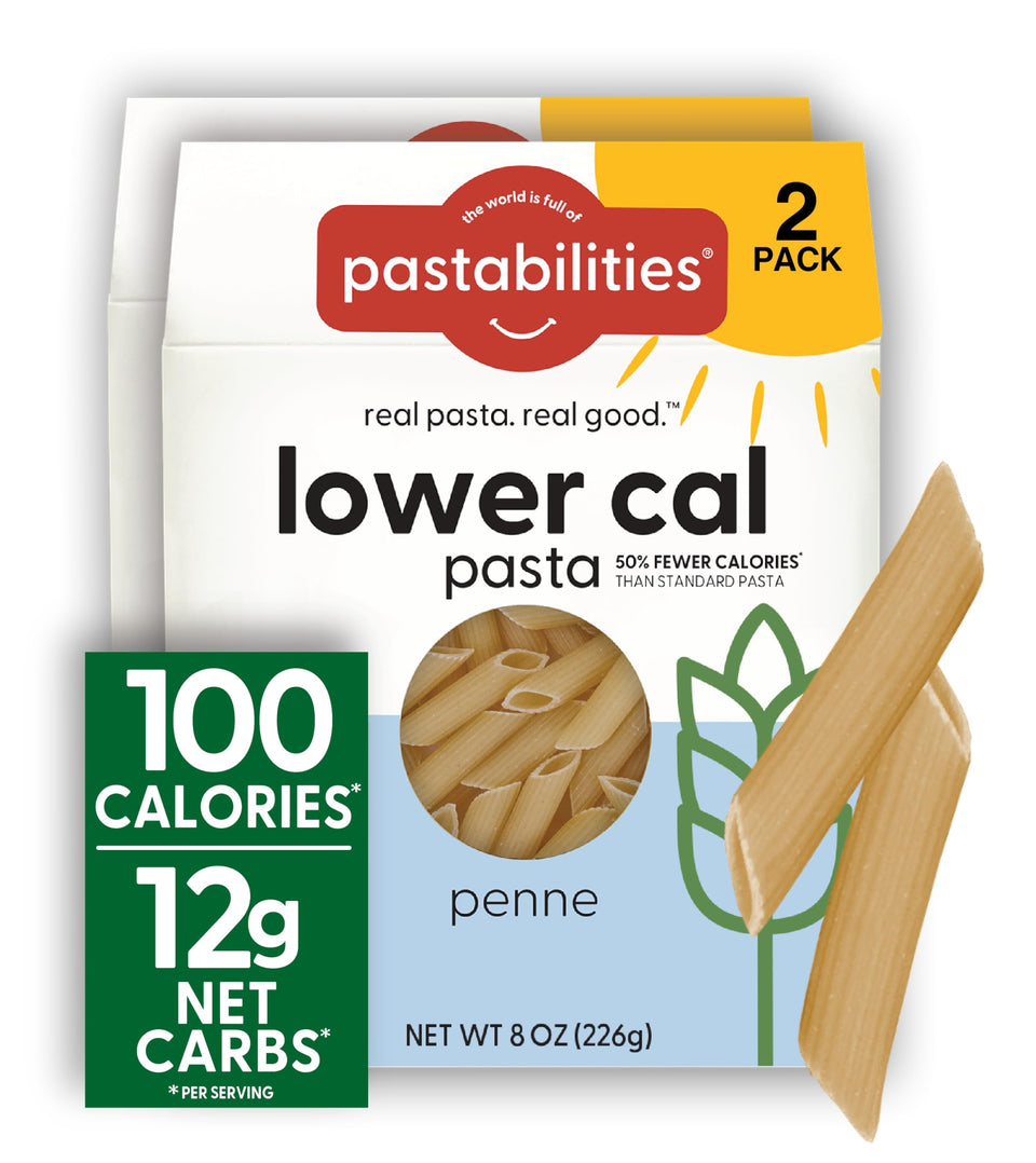 Pastabilities lower-calorie penne pack shown for a light, satisfying meal.