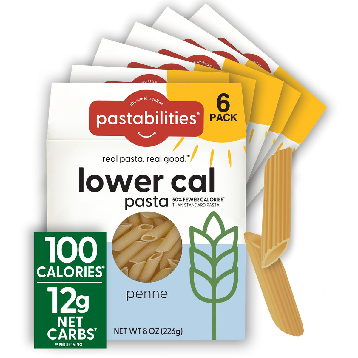 Pastabilities penne low-calorie packaging shows a lighter pasta option for everyday meals.