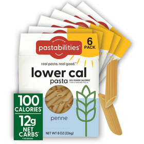 Pastabilities penne low-calorie packaging shows a lighter pasta option for everyday meals.