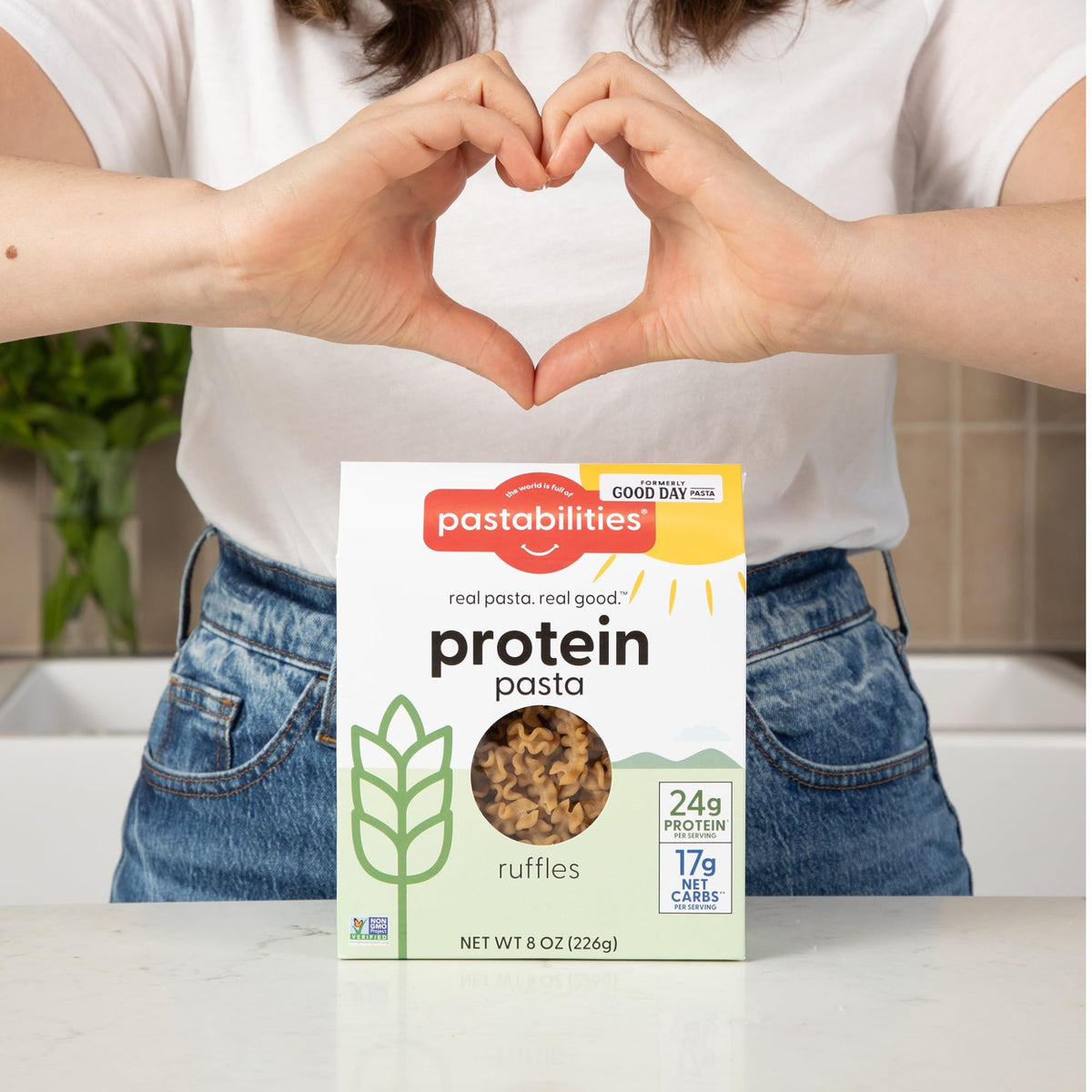 Pastabilities Protein Pasta fiber content infographic emphasizes 3x fiber.