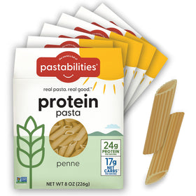Pastabilities Protein Pasta Penne box shows keto-friendly, high-protein pasta.