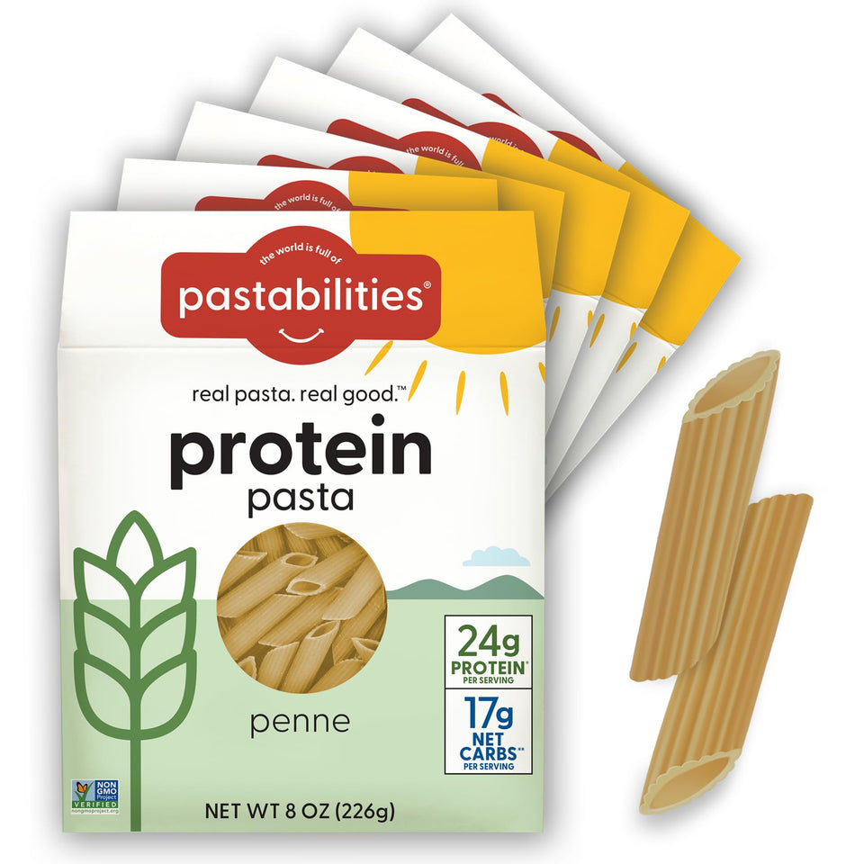Pastabilities Protein Pasta Penne box shows keto-friendly, high-protein pasta.
