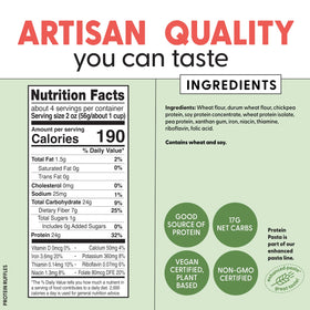 Pastabilities Protein Pasta Penne ingredient closeup shows plant-based, non-GMO mix.