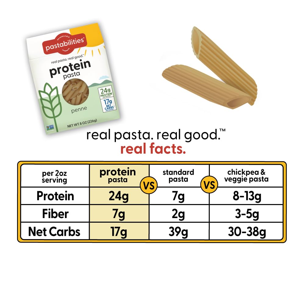 Pastabilities Protein Pasta Penne nutrition facts show 24g protein per serving.