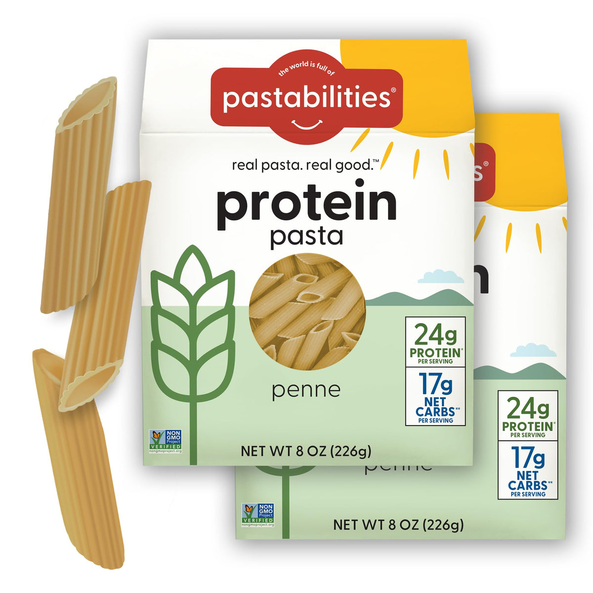 Pastabilities Protein Pasta Penne pack front highlights high protein.