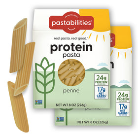 Pastabilities Protein Pasta Penne pack front highlights high protein.