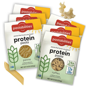 Pastabilities Protein Pasta Penne box shows high-protein pasta for meals.