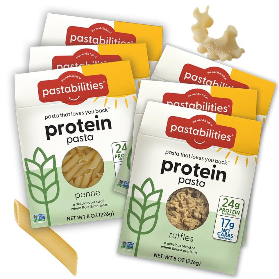 Pastabilities Protein Pasta Penne box shows high-protein pasta for meals.