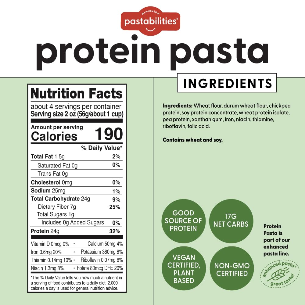 Pastabilities Protein Pasta Ruffles box highlights versatile low net carbs.