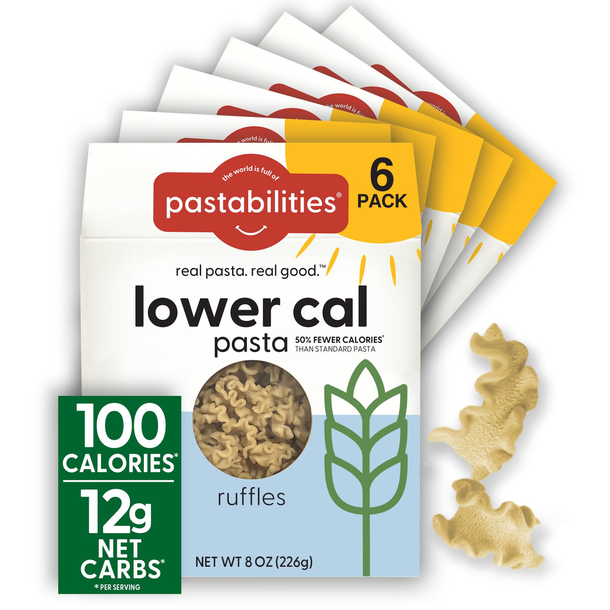 Pastabilities Ruffles pasta packfront highlights low calorie option for healthier meals.