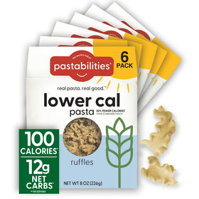 Pastabilities Ruffles pasta packfront highlights low calorie option for healthier meals.