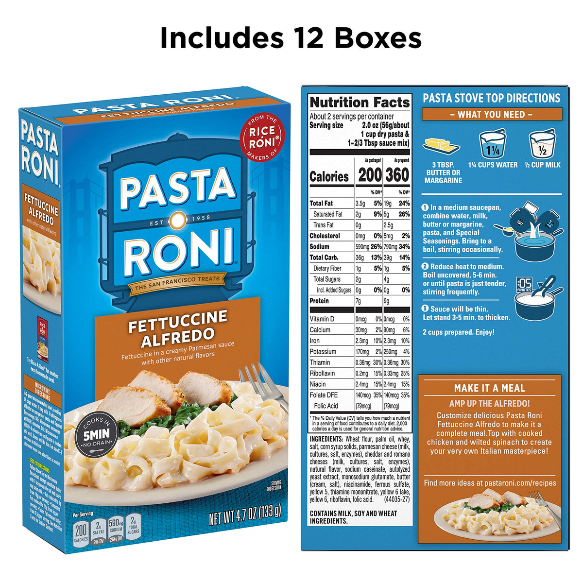 Pasta Roni Garlic Alfredo Fettuccine cooking image highlights five minute prep for busy evenings.